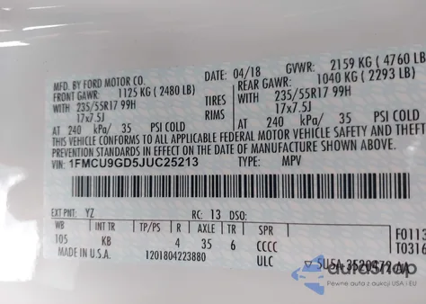 2018 Ford Escape Se из США, поврежденный, VIN 1FMCU9GD5JUC25213